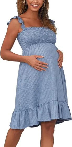 Sleeveless Maternity Dress Ruffled Shoulder Strappy Loose Smocked Pregnant Dress Summer