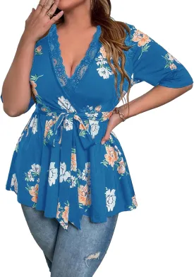 SOLY HUX Women's Plus Size Peplum Tops V Neck Wrap Tie Front Floral Print Lace Trim Casual T Shirt Tops