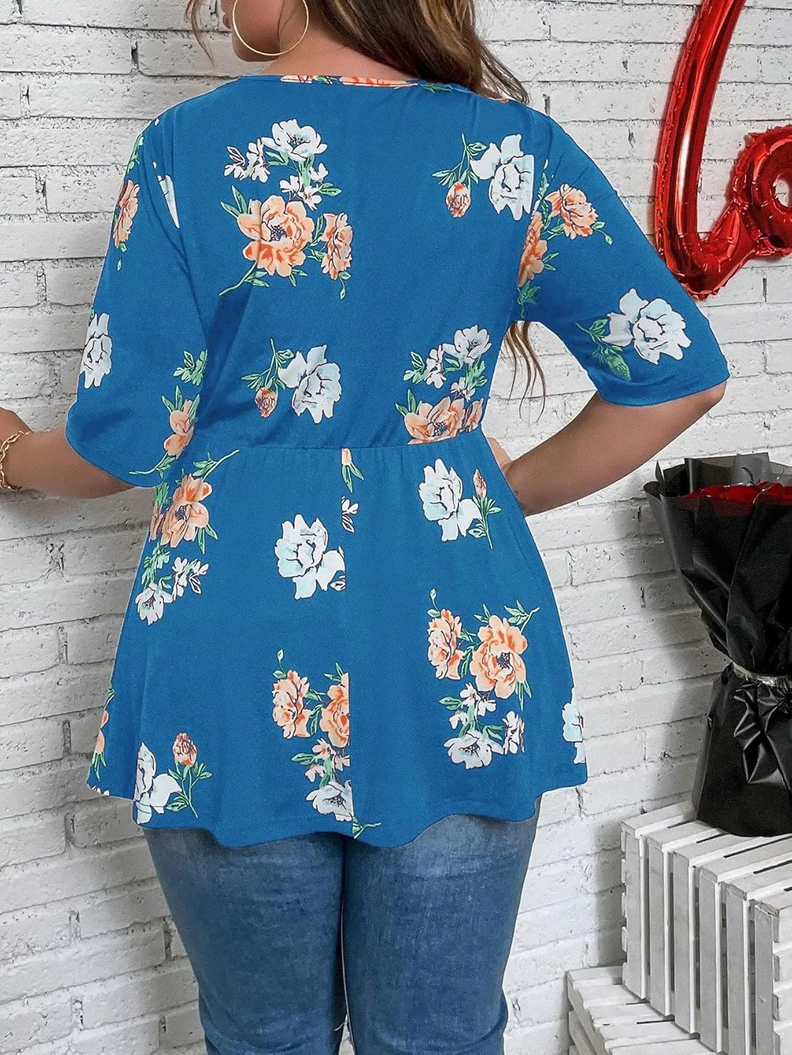 SOLY HUX Women's Plus Size Peplum Tops V Neck Wrap Tie Front Floral Print Lace Trim Casual T Shirt Tops