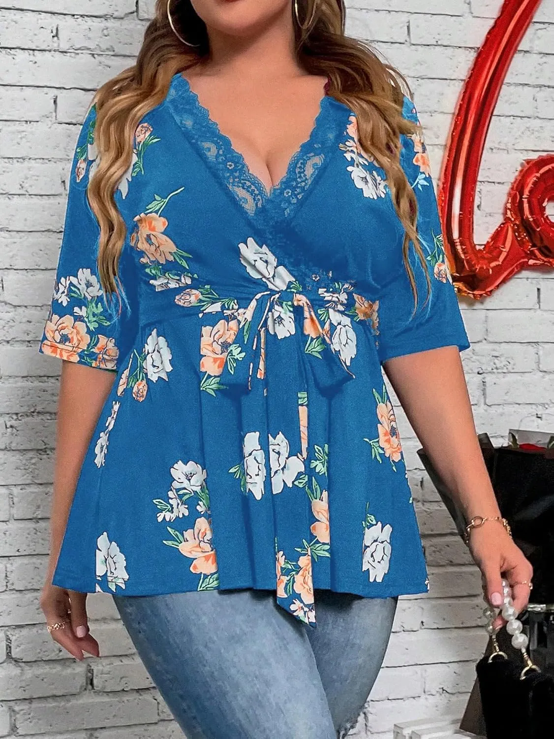 SOLY HUX Women's Plus Size Peplum Tops V Neck Wrap Tie Front Floral Print Lace Trim Casual T Shirt Tops