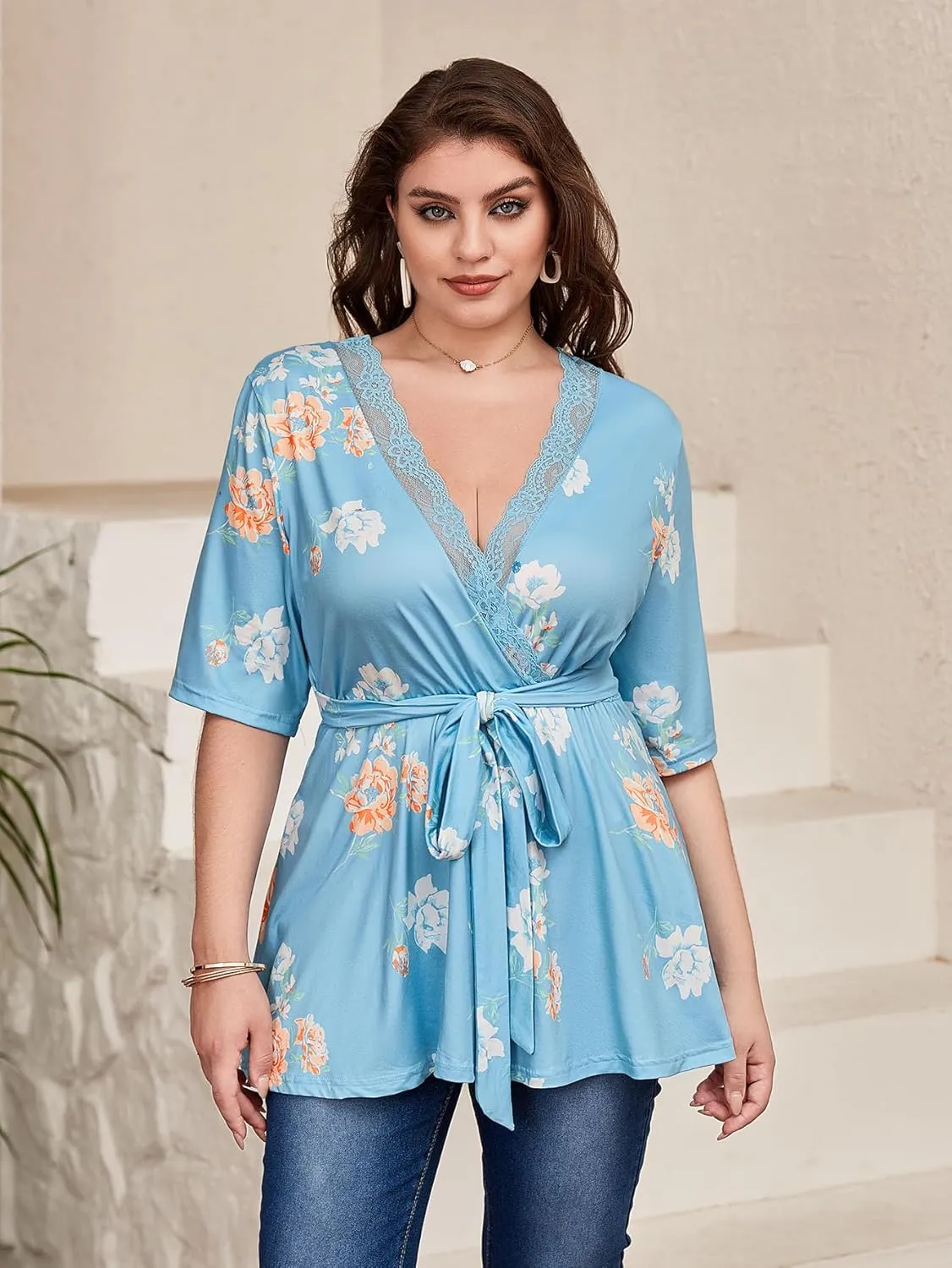SOLY HUX Women's Plus Size Peplum Tops V Neck Wrap Tie Front Floral Print Lace Trim Casual T Shirt Tops