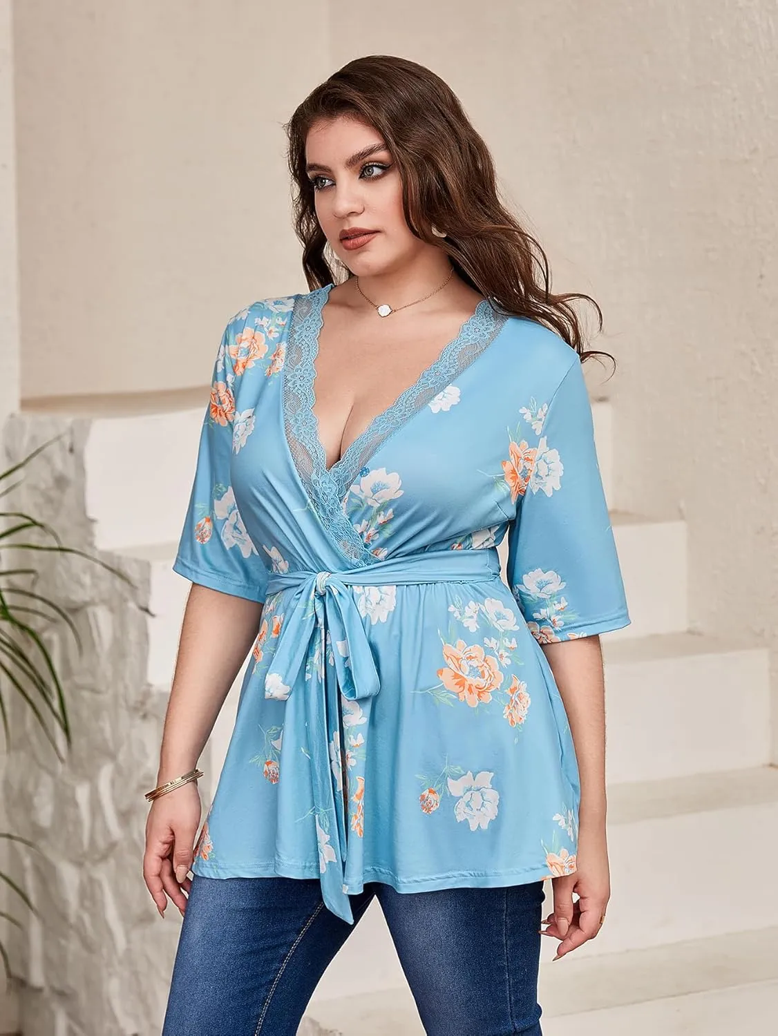 SOLY HUX Women's Plus Size Peplum Tops V Neck Wrap Tie Front Floral Print Lace Trim Casual T Shirt Tops