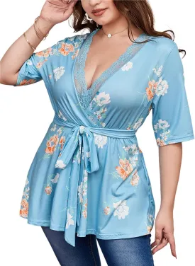 SOLY HUX Women's Plus Size Peplum Tops V Neck Wrap Tie Front Floral Print Lace Trim Casual T Shirt Tops