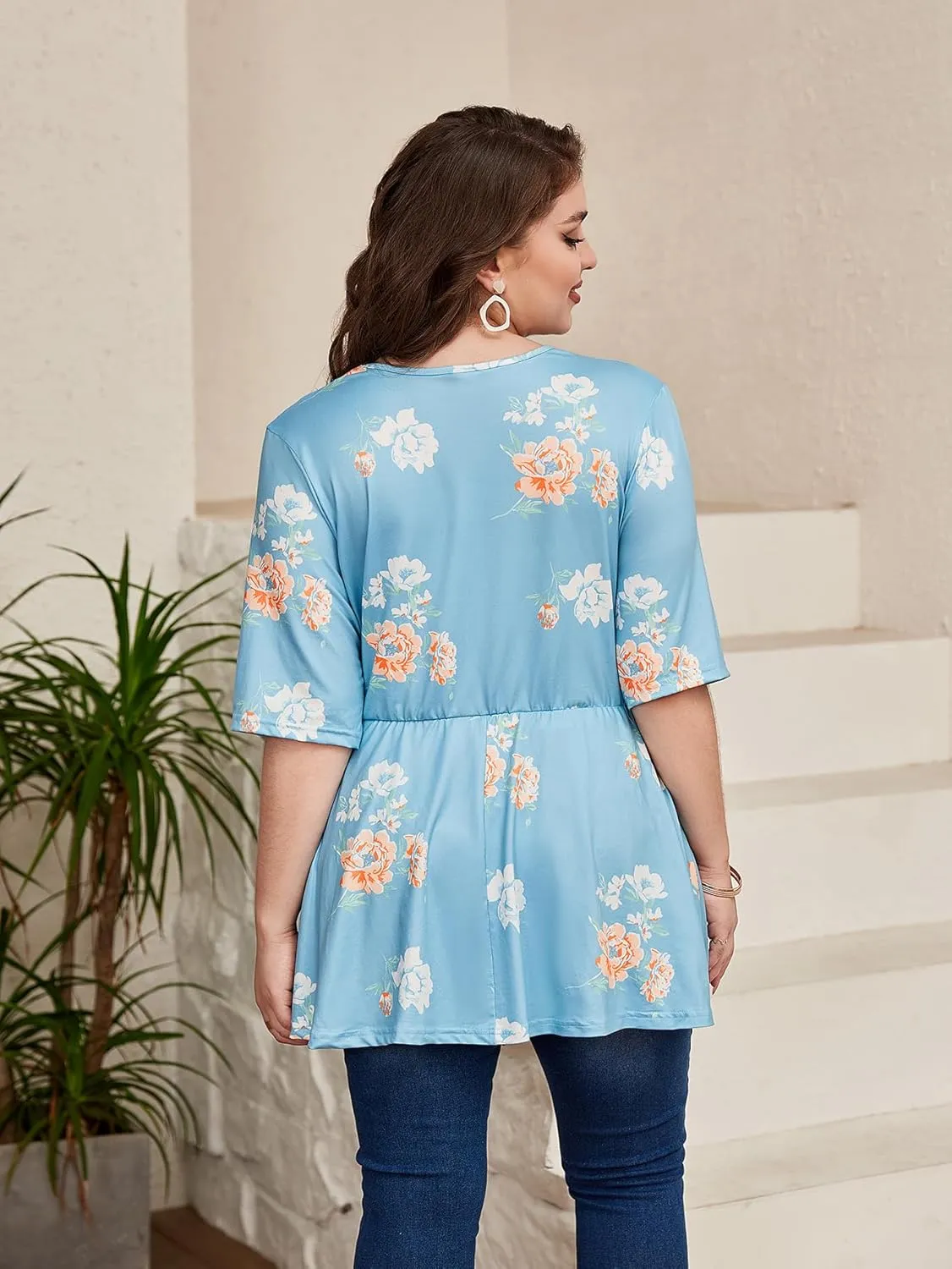 SOLY HUX Women's Plus Size Peplum Tops V Neck Wrap Tie Front Floral Print Lace Trim Casual T Shirt Tops