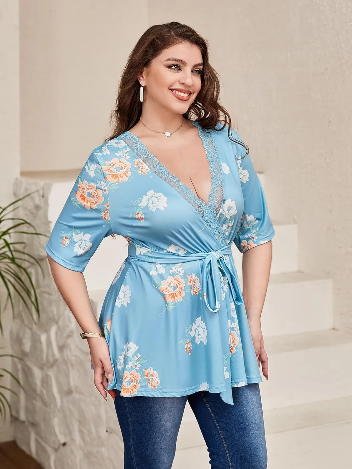 SOLY HUX Women's Plus Size Peplum Tops V Neck Wrap Tie Front Floral Print Lace Trim Casual T Shirt Tops