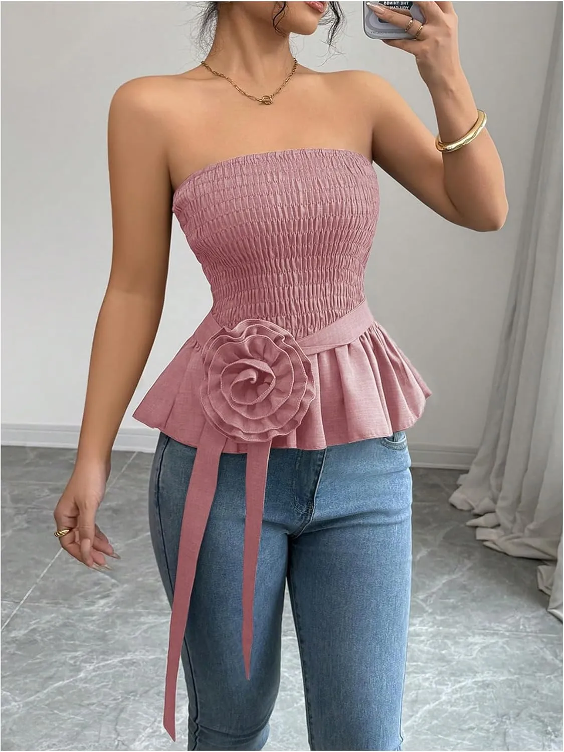 SOLY HUX Women's Y2k Strapless Tube Top Sleeveless Smocked Peplum Ruffle 3D Flower Belted Bandeau Tops