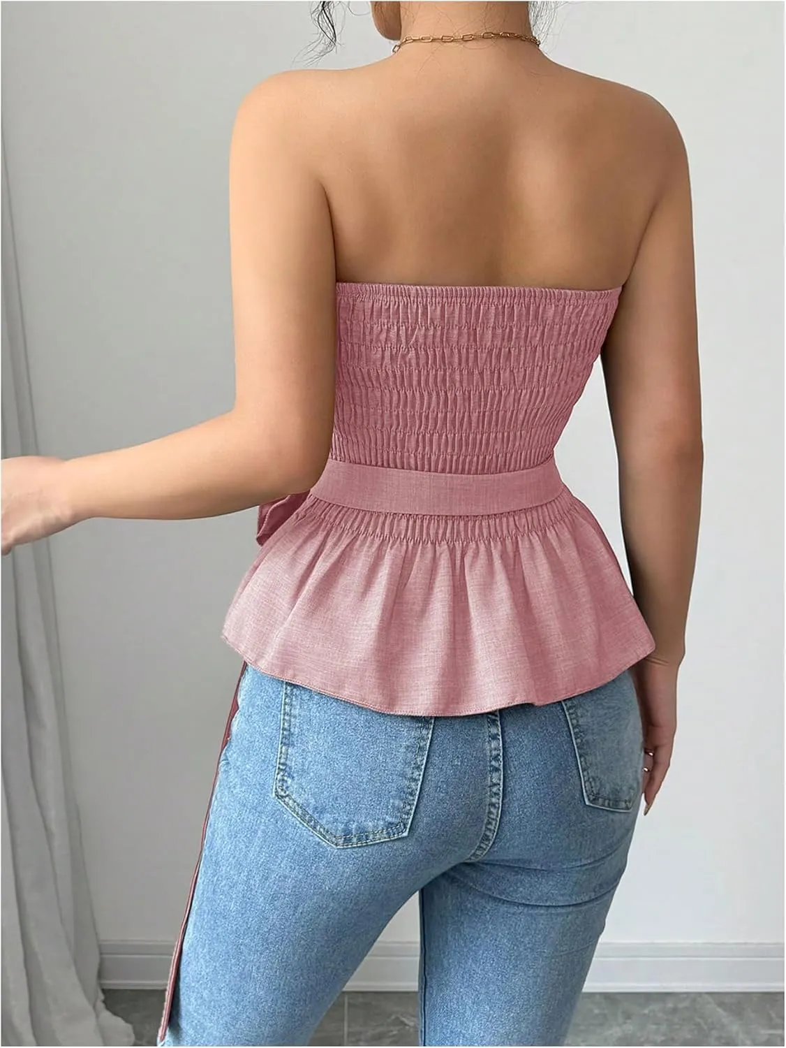 SOLY HUX Women's Y2k Strapless Tube Top Sleeveless Smocked Peplum Ruffle 3D Flower Belted Bandeau Tops