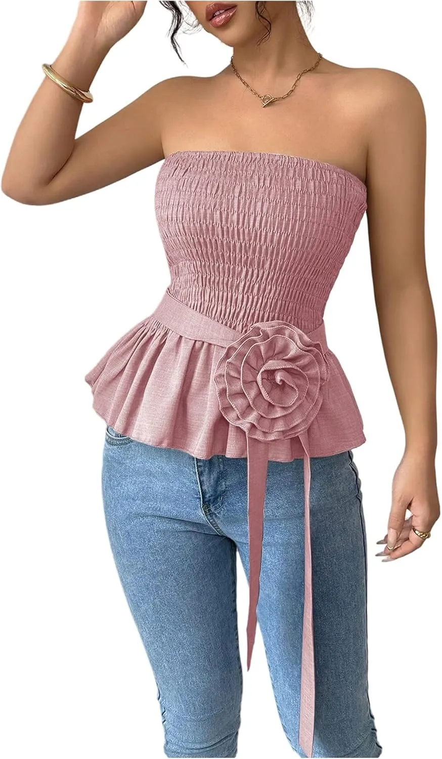 SOLY HUX Women's Y2k Strapless Tube Top Sleeveless Smocked Peplum Ruffle 3D Flower Belted Bandeau Tops