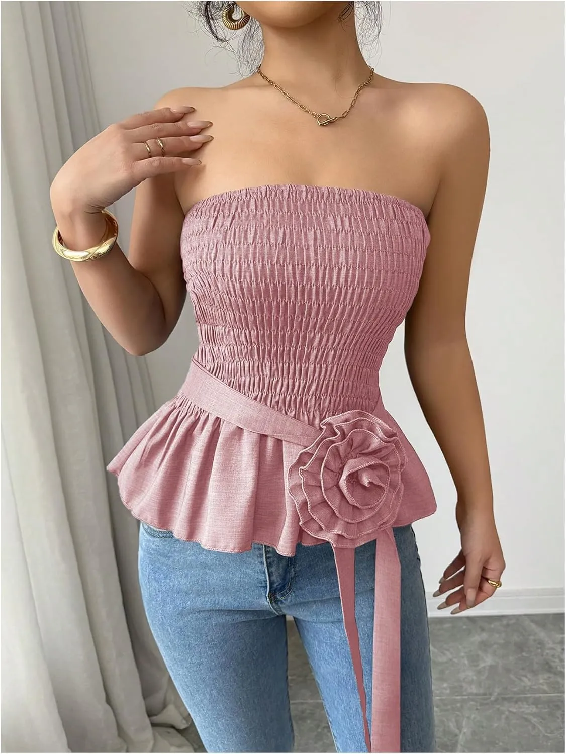 SOLY HUX Women's Y2k Strapless Tube Top Sleeveless Smocked Peplum Ruffle 3D Flower Belted Bandeau Tops