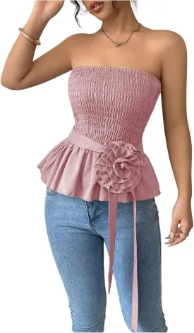 SOLY HUX Women's Y2k Strapless Tube Top Sleeveless Smocked Peplum Ruffle 3D Flower Belted Bandeau Tops