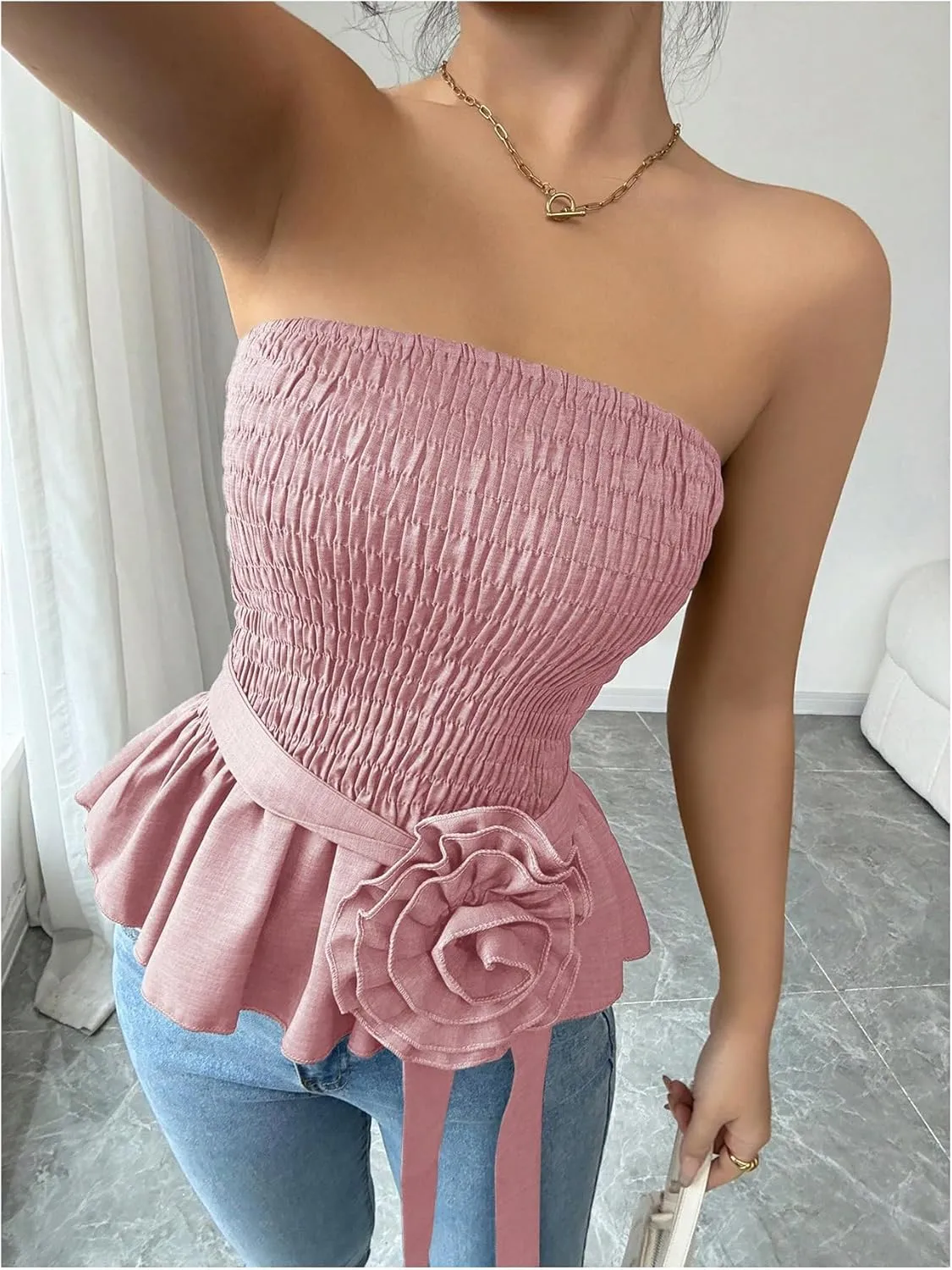 SOLY HUX Women's Y2k Strapless Tube Top Sleeveless Smocked Peplum Ruffle 3D Flower Belted Bandeau Tops