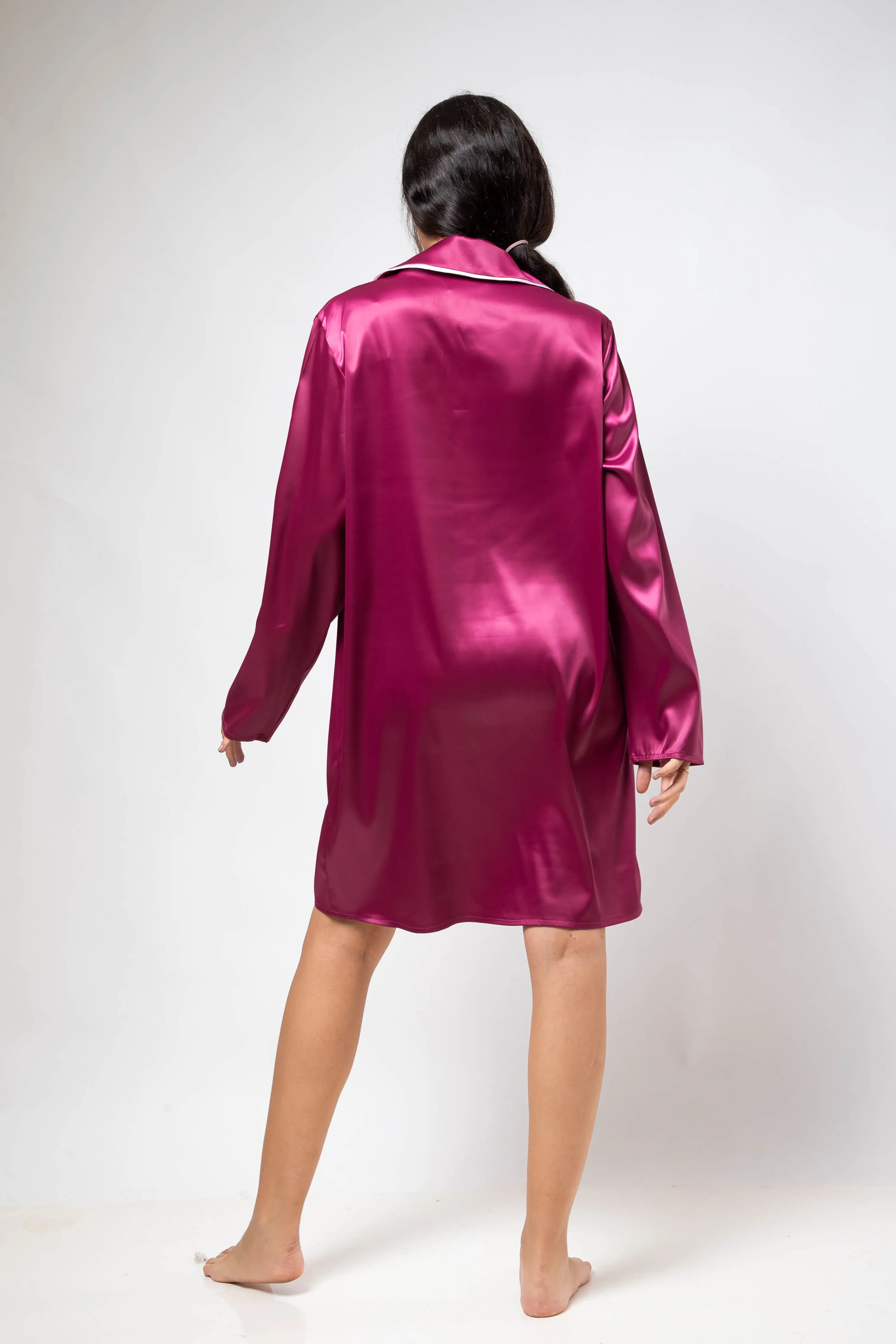 The Candy Shirt Dress Satin - Fuschia