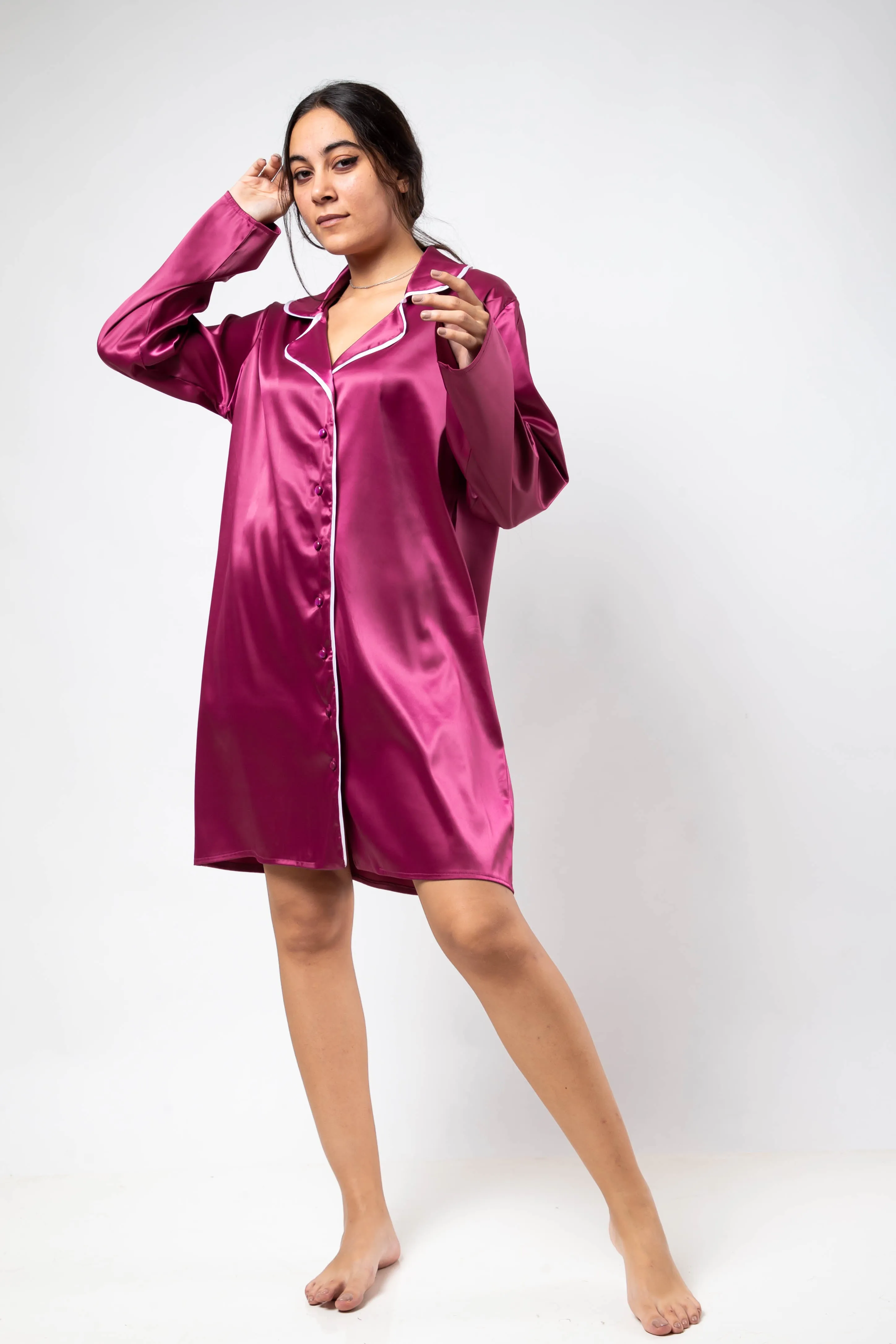 The Candy Shirt Dress Satin - Fuschia