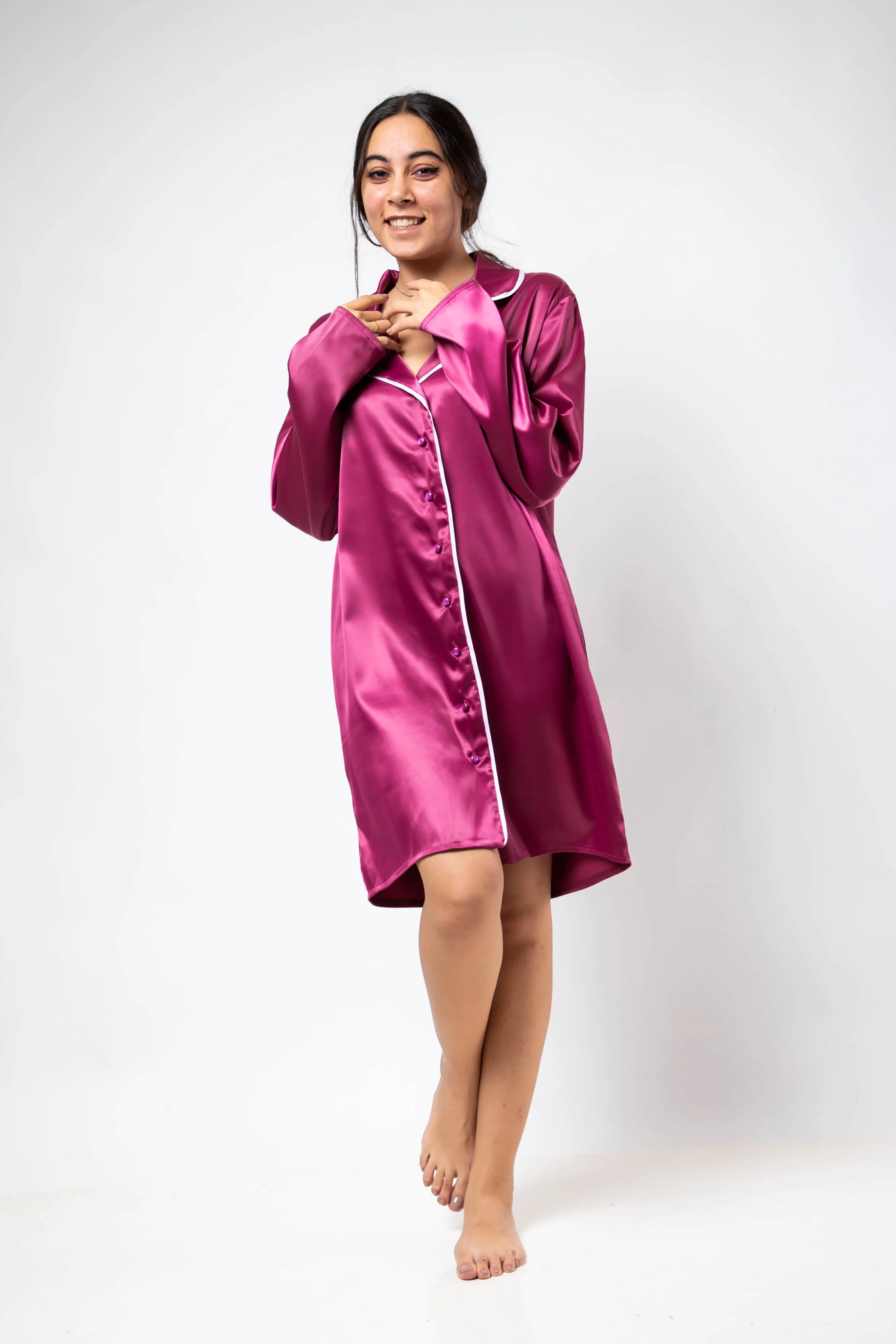 The Candy Shirt Dress Satin - Fuschia