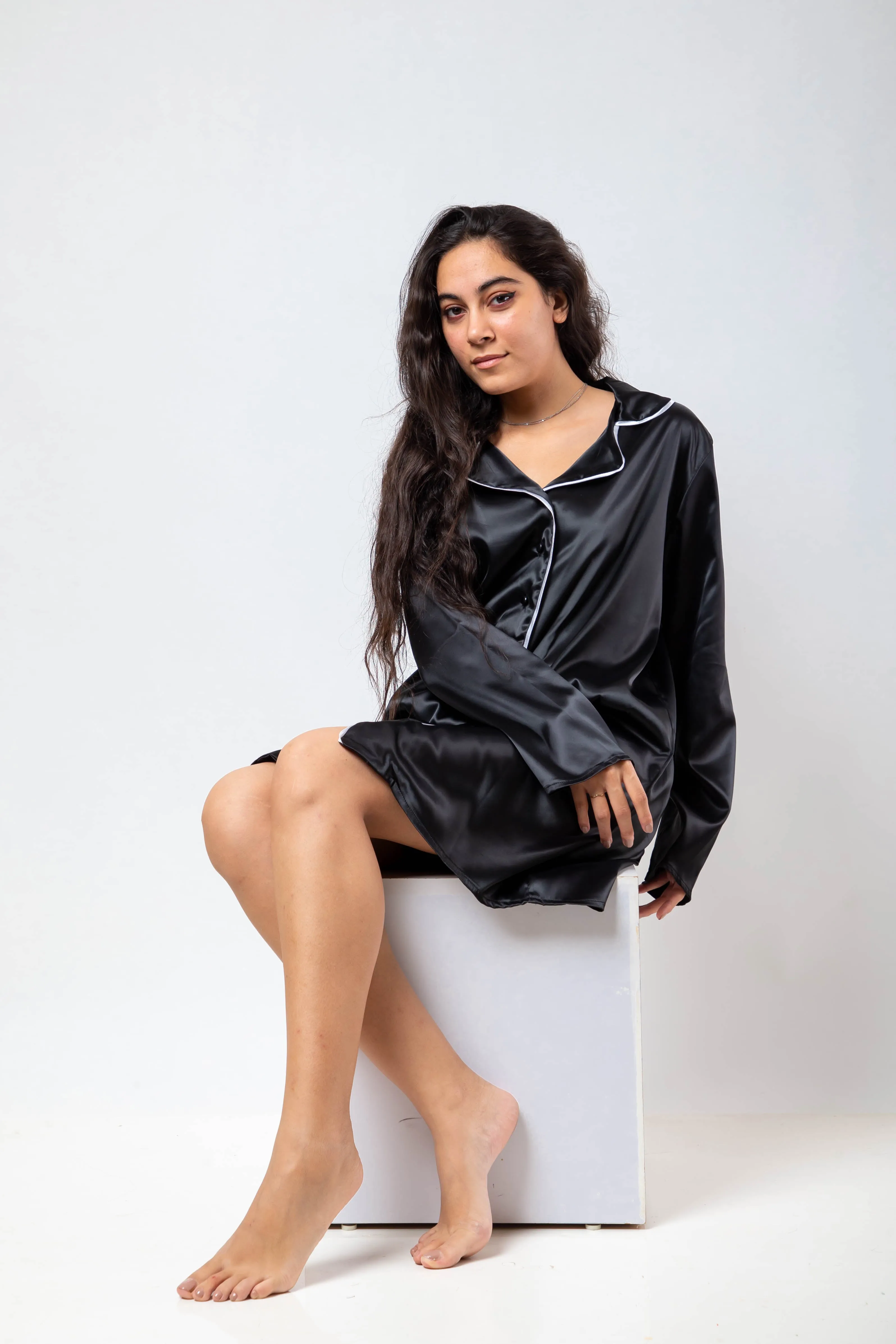 The Night Shirt Dress Satin - Black