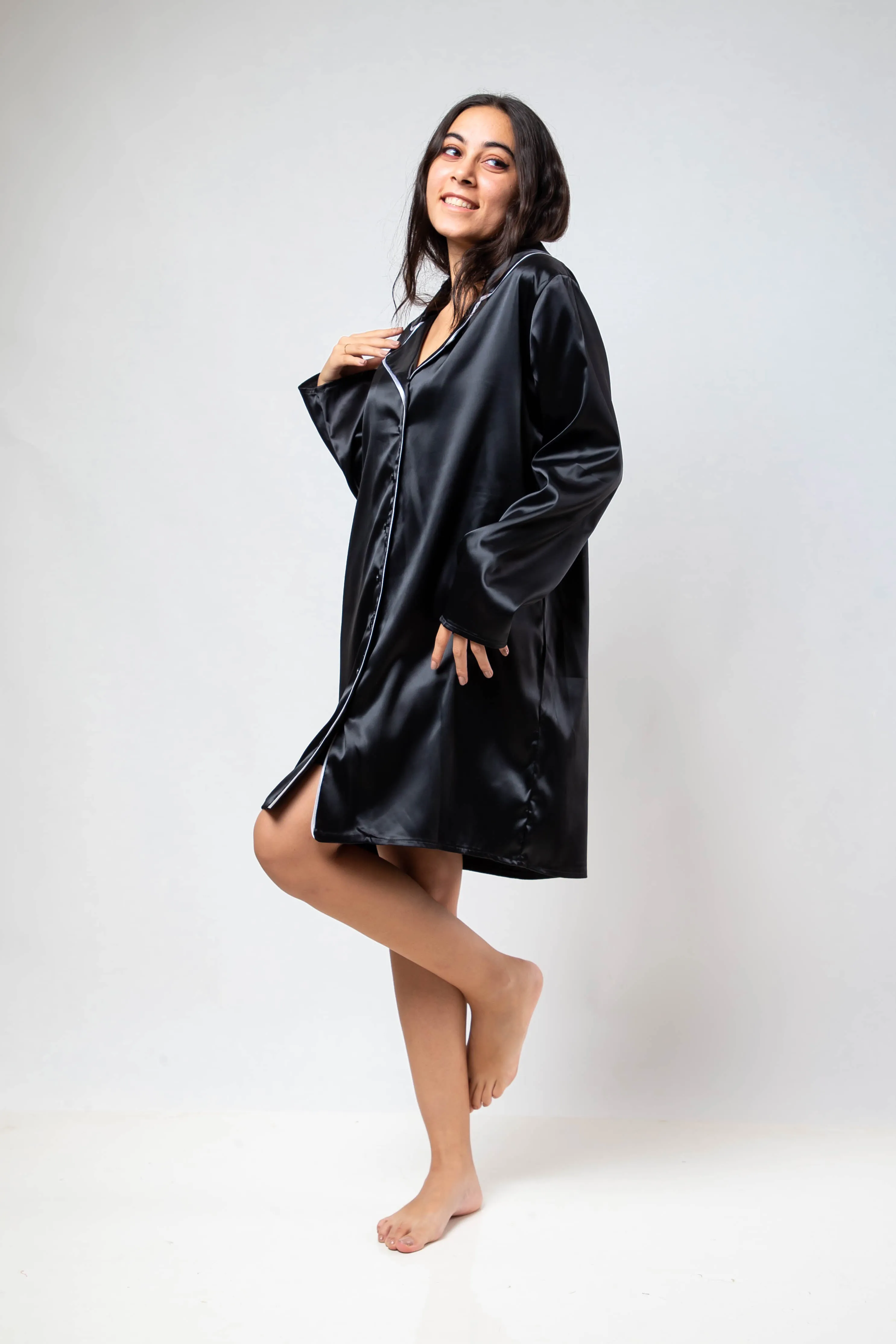 The Night Shirt Dress Satin - Black