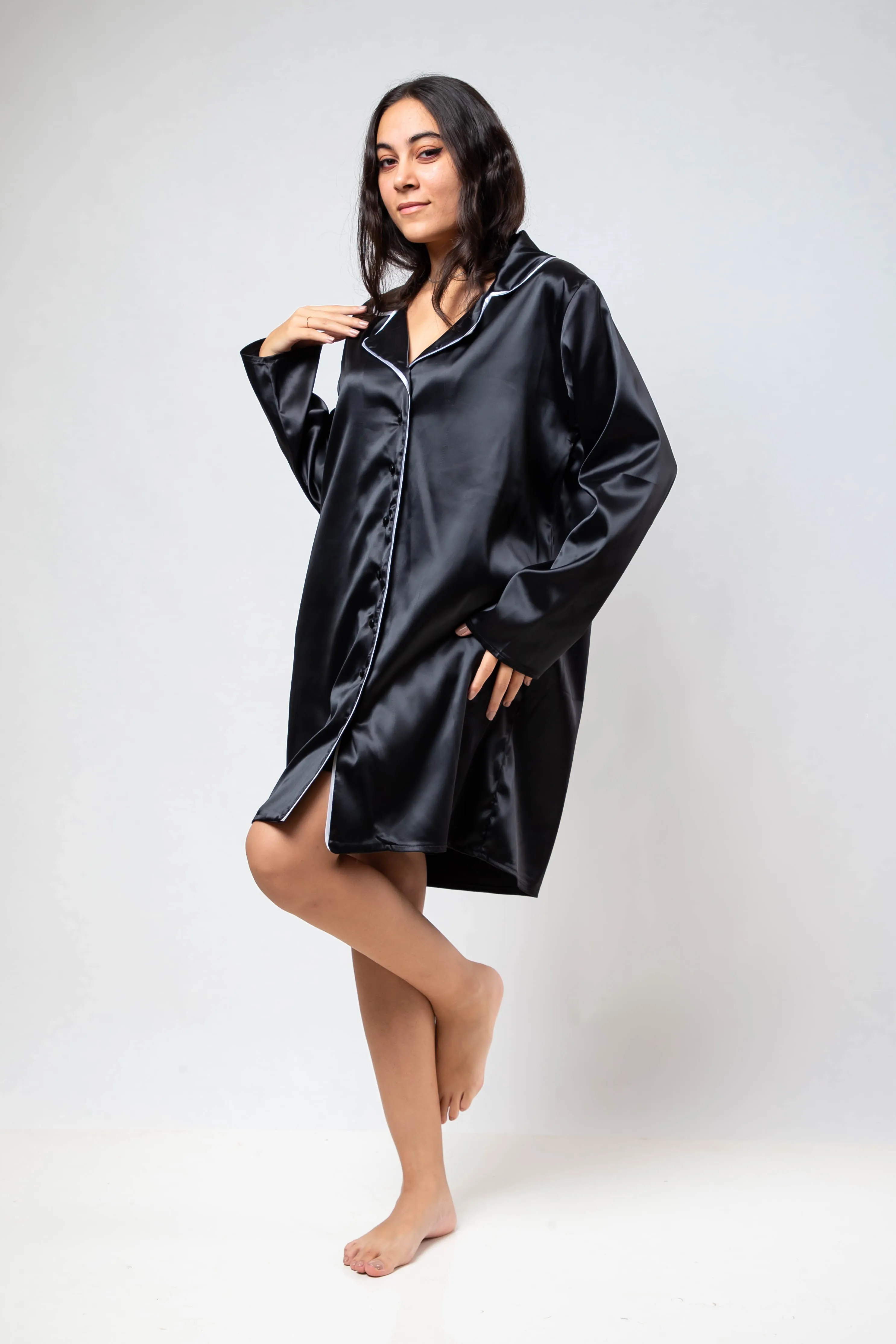 The Night Shirt Dress Satin - Black