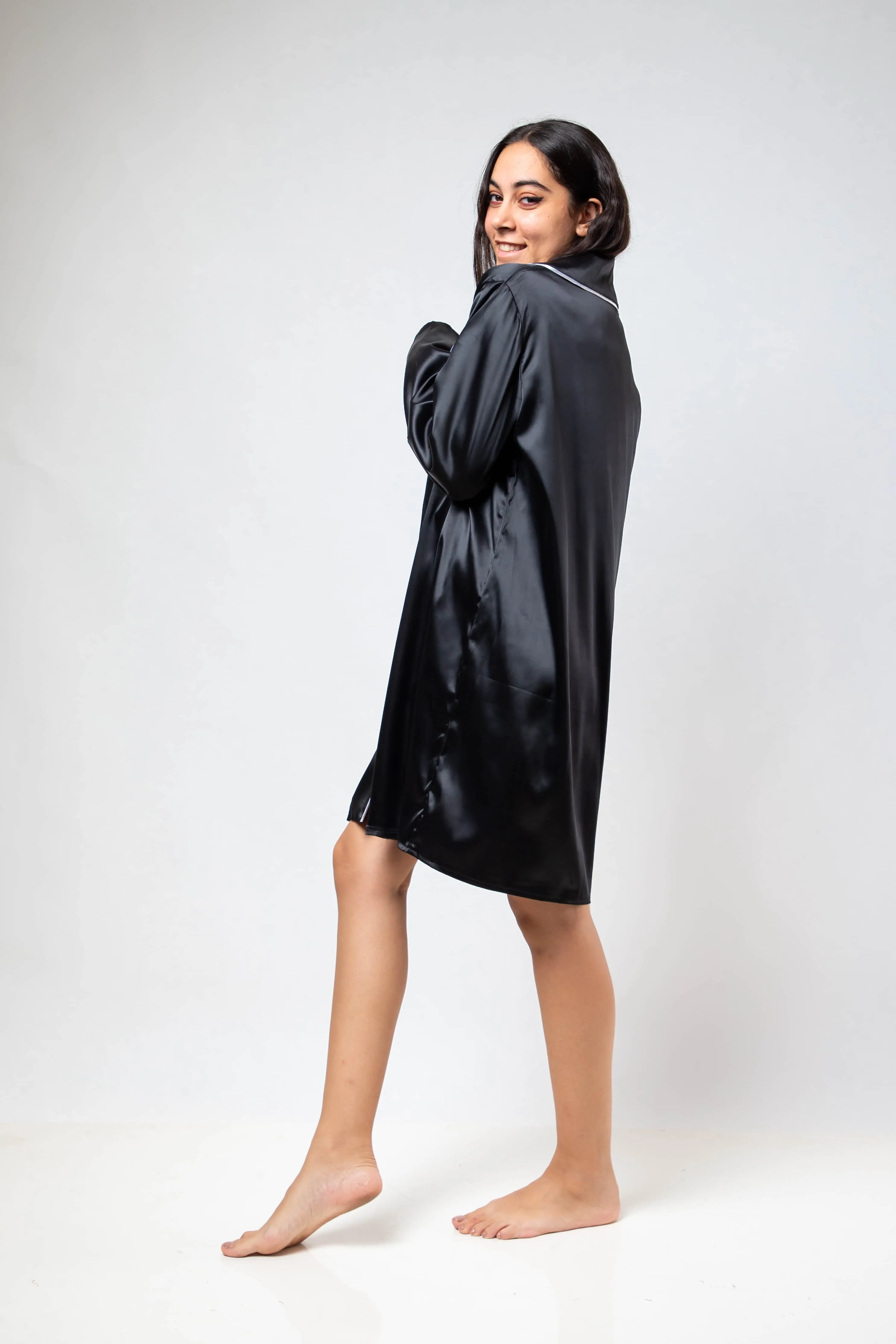 The Night Shirt Dress Satin - Black
