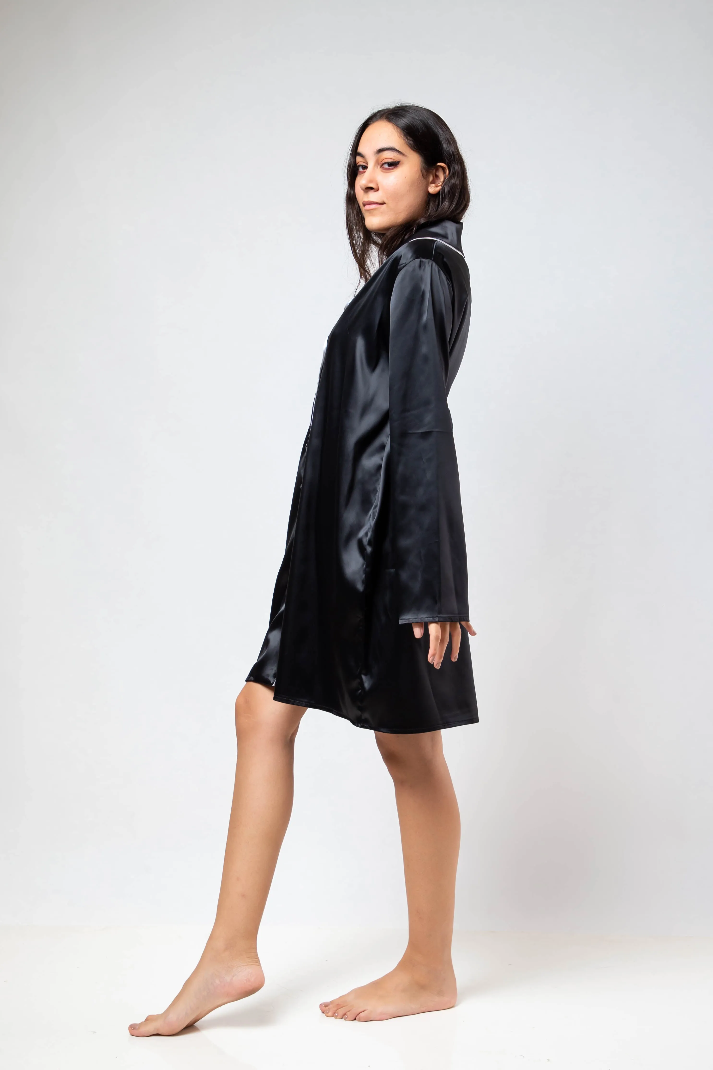 The Night Shirt Dress Satin - Black
