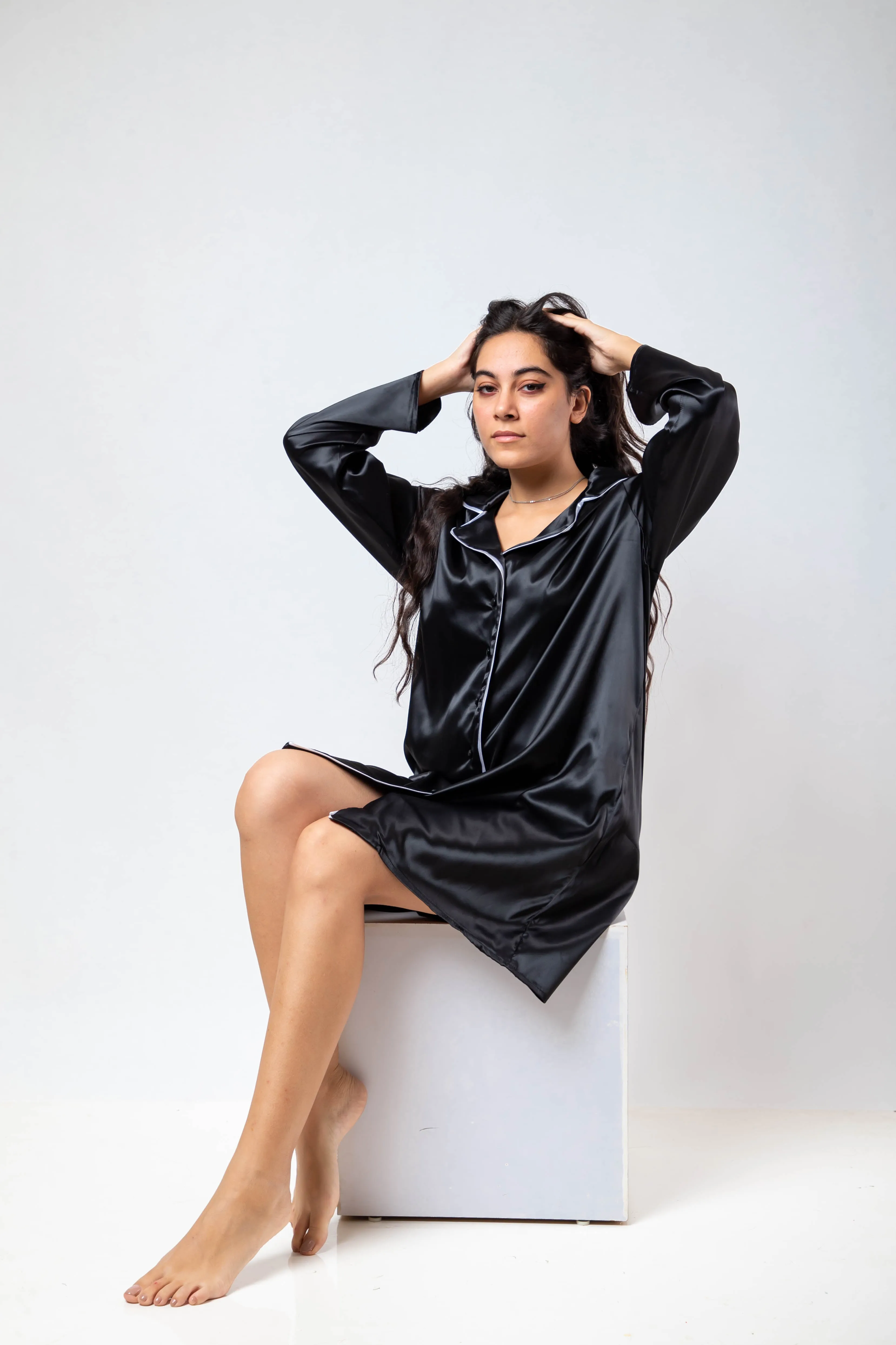 The Night Shirt Dress Satin - Black