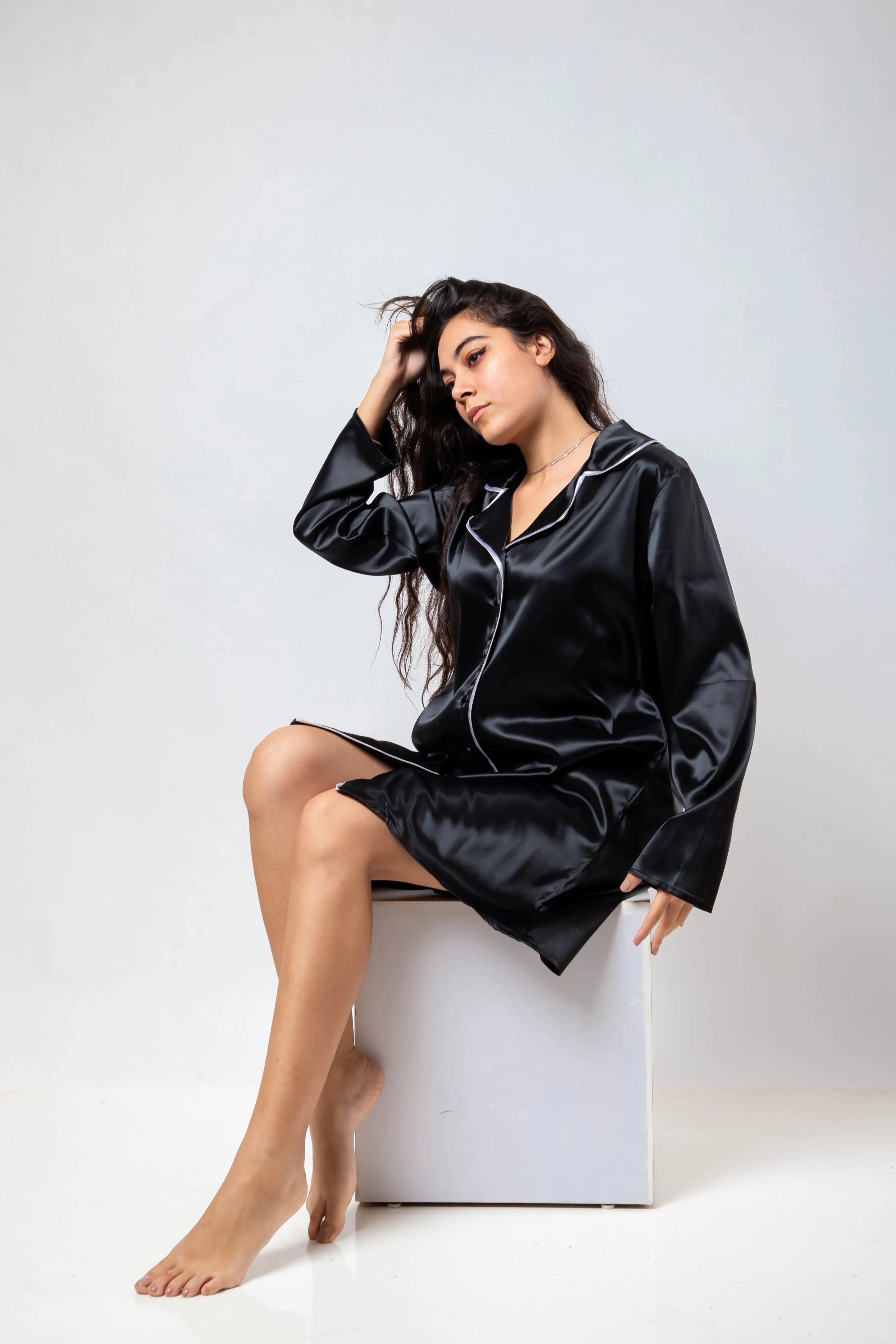 The Night Shirt Dress Satin - Black