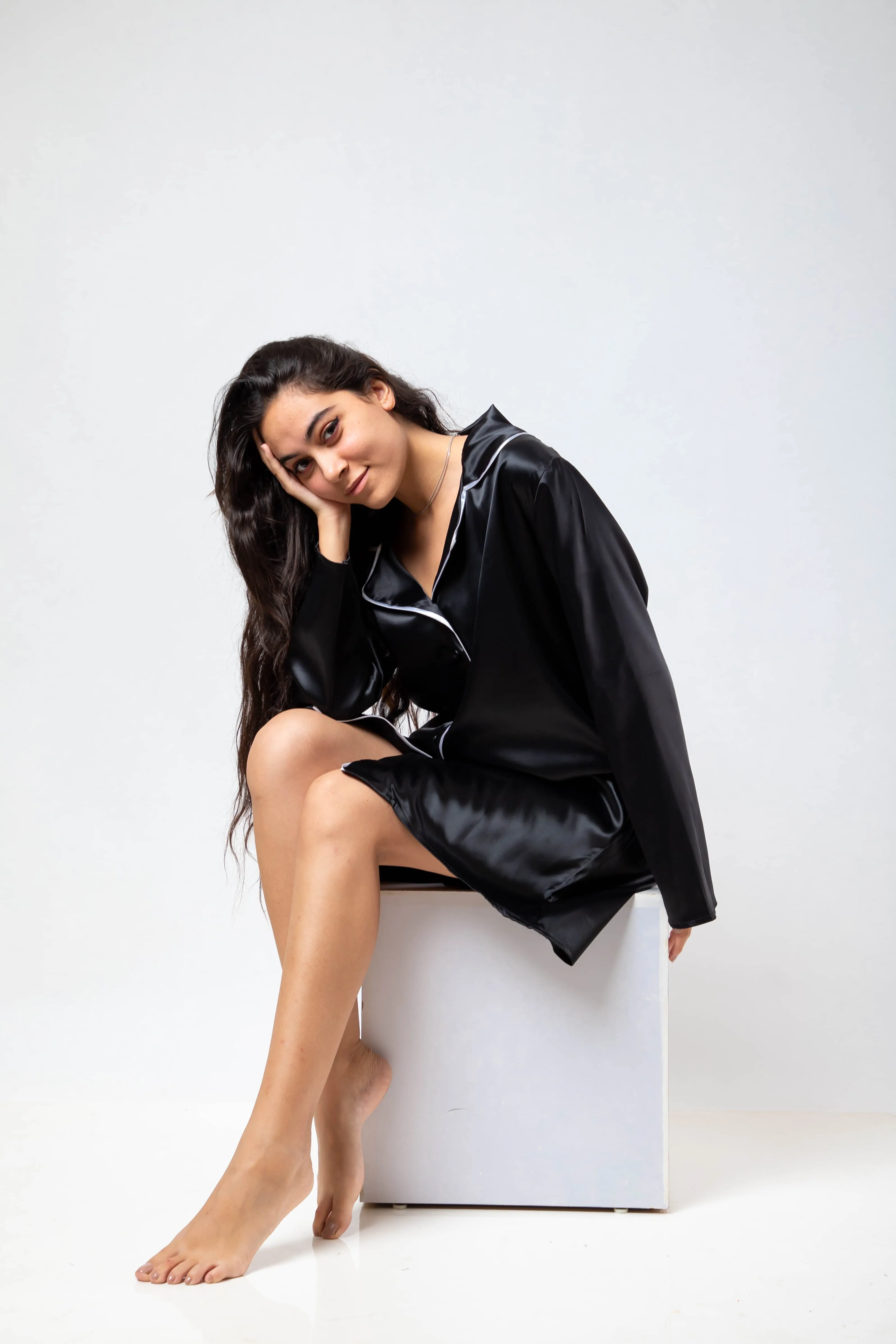 The Night Shirt Dress Satin - Black