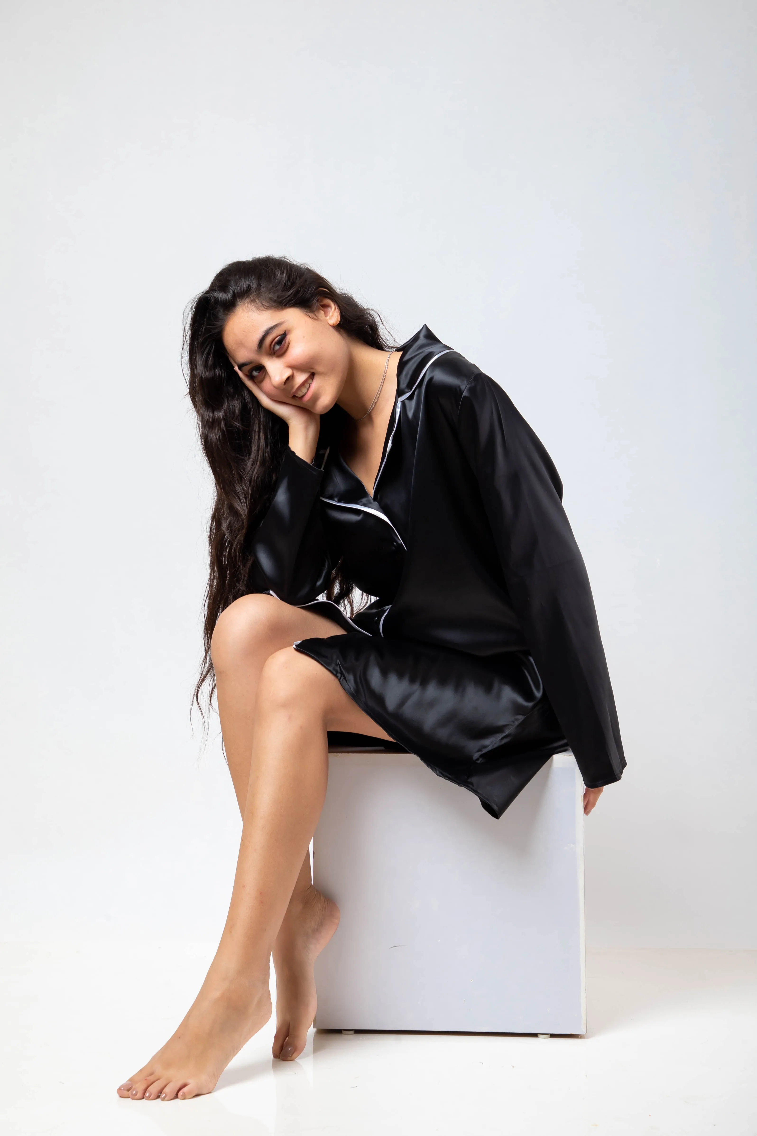 The Night Shirt Dress Satin - Black