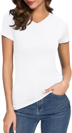 Urban CoCo Women's Basic Slim Fitted Tee Tops Short Sleeve Stretchy Bodycon V-Neck Tight T-Shirt