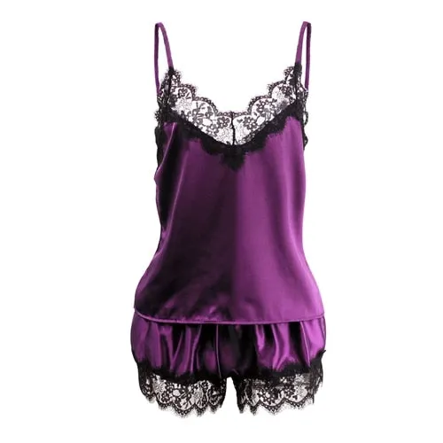 VenusFox Spaghetti Strap Lace Sexy Top   Shorts Pajamas Set