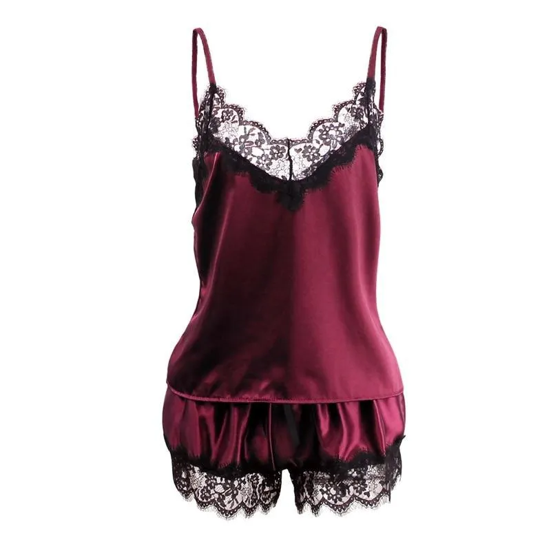 VenusFox Spaghetti Strap Lace Sexy Top   Shorts Pajamas Set