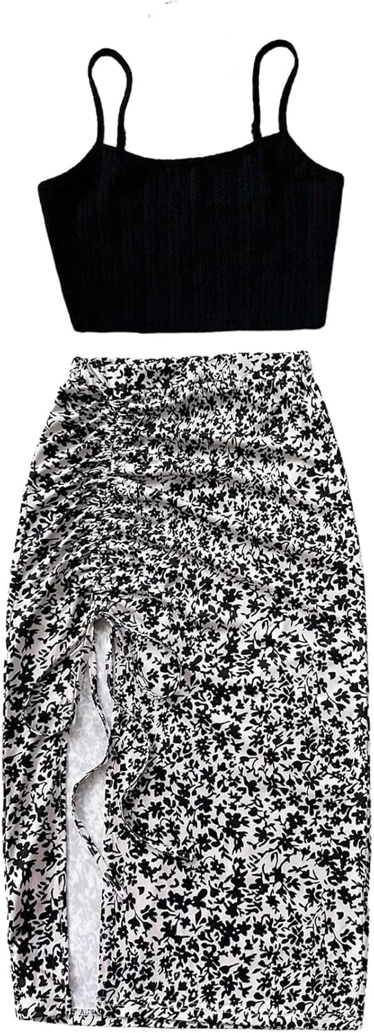 WDIRARA Women's 2 Pieces Outfits Crop Cami Tops and Floral Print Drawstring Split Skirt Set