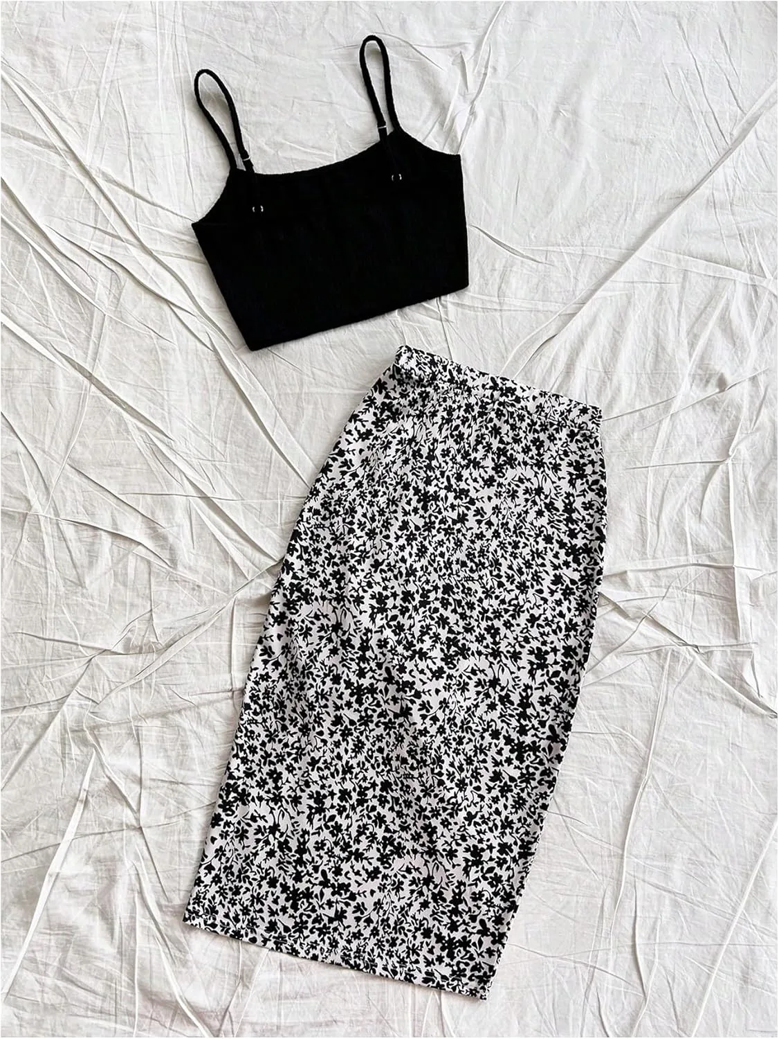 WDIRARA Women's 2 Pieces Outfits Crop Cami Tops and Floral Print Drawstring Split Skirt Set