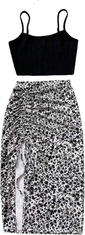 WDIRARA Women's 2 Pieces Outfits Crop Cami Tops and Floral Print Drawstring Split Skirt Set