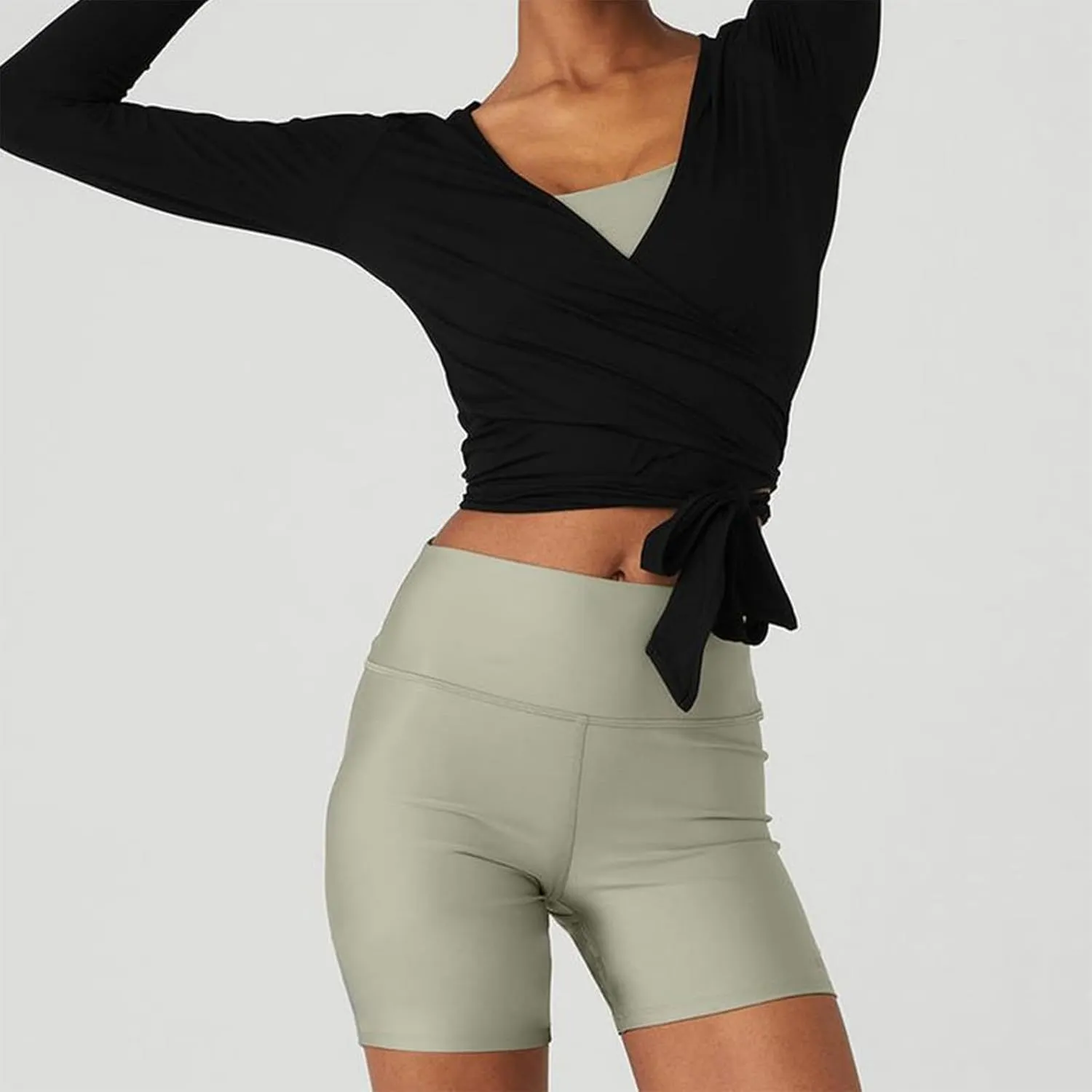 Women Ballet Wrap Top Deep V Neck Cross Wrap Crop Top Slim Fit Tie Front Long Sleeve Workout Yoga Shirt Coquette Blouse