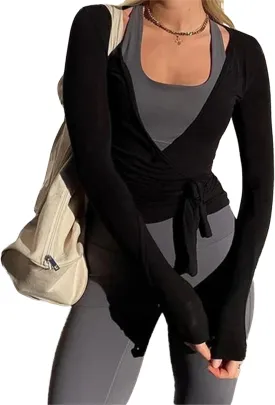 Women Ballet Wrap Top Deep V Neck Cross Wrap Crop Top Slim Fit Tie Front Long Sleeve Workout Yoga Shirt Coquette Blouse