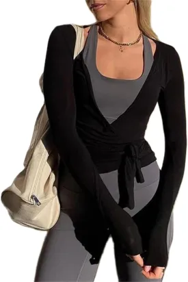 Women Ballet Wrap Top Y2K Cross Tie Knot Long Sleeve Deep V Neck Slim Yoga Crop Shirts Sexy Fairy Coquette Blouses
