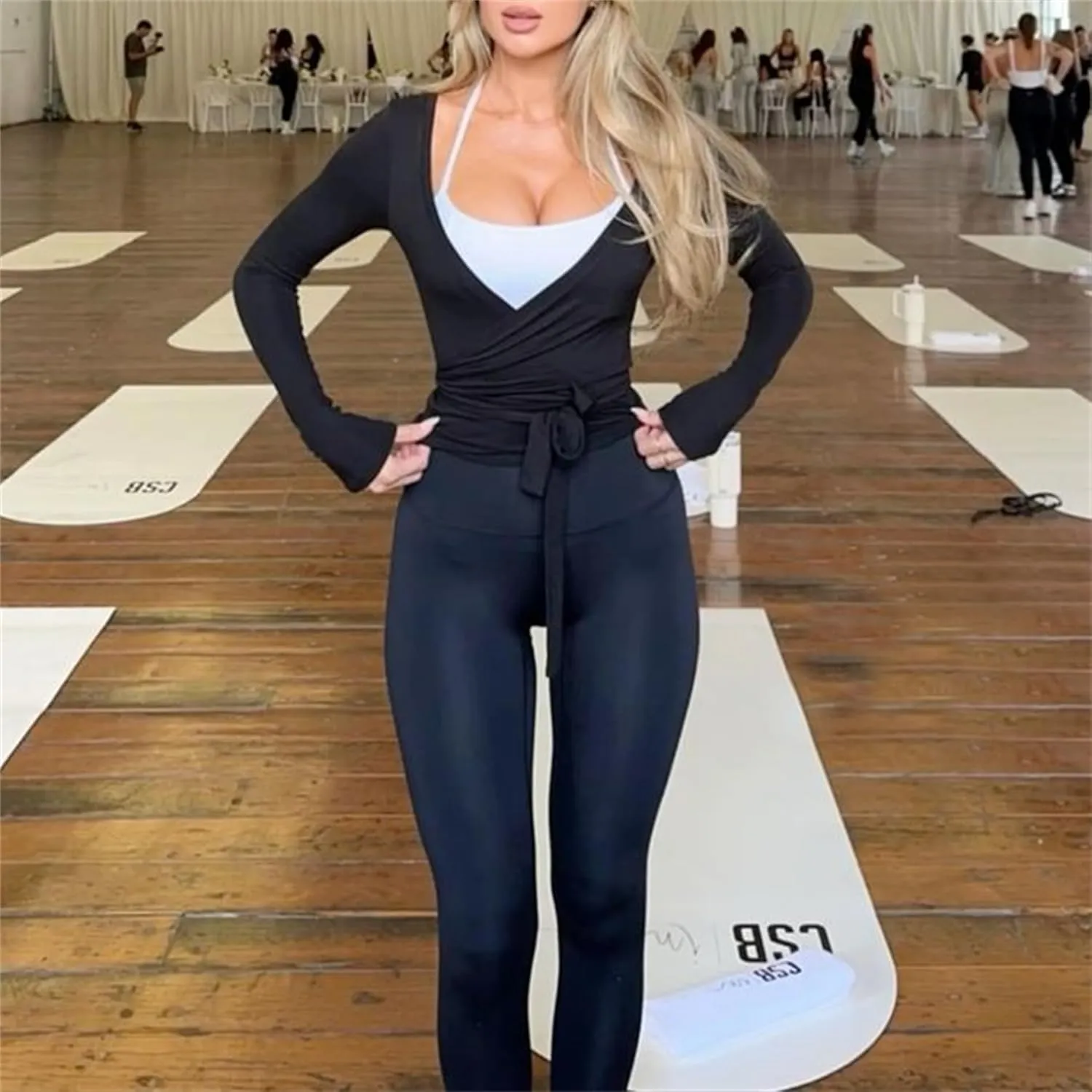 Women Ballet Wrap Top Y2K Cross Tie Knot Long Sleeve Deep V Neck Slim Yoga Crop Shirts Sexy Fairy Coquette Blouses
