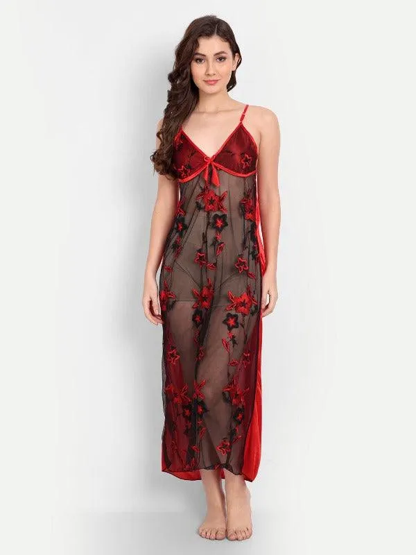 Women Satin Floral 2-Piece Nighty with 1 Free G-string Thong Panty