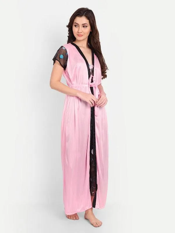 Women Satin Floral 2-Piece Nighty with 1 Free G-string Thong Panty
