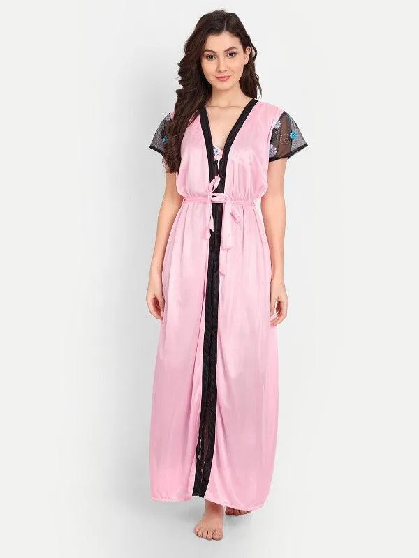 Women Satin Floral 2-Piece Nighty with 1 Free G-string Thong Panty