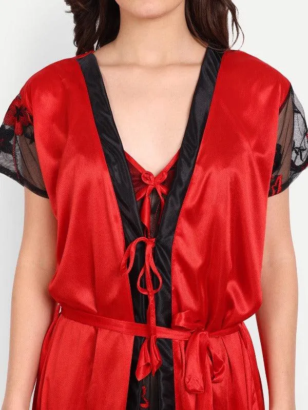 Women Satin Floral 2-Piece Nighty with 1 Free G-string Thong Panty