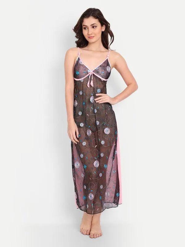 Women Satin Floral 2-Piece Nighty with 1 Free G-string Thong Panty