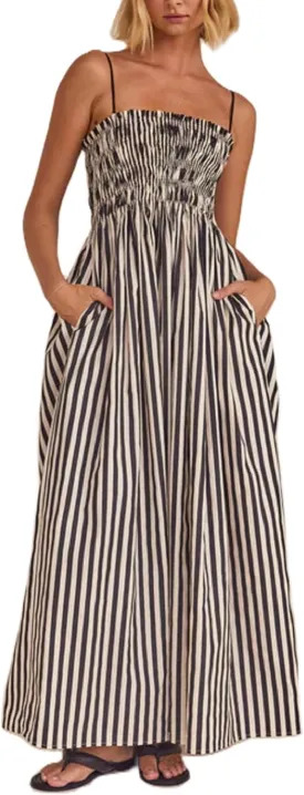 Women Striped Maxi Dress Smocked Backless Spaghetti Strap Long Flowy Dress Sleeveless Boho Aline Sundress