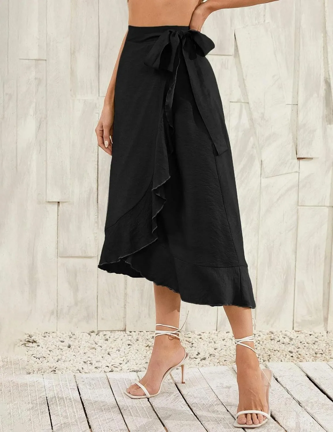 Women Summer High Waist Wrap Ruffled Side Slit Adjustable Waistband Midi Skirt