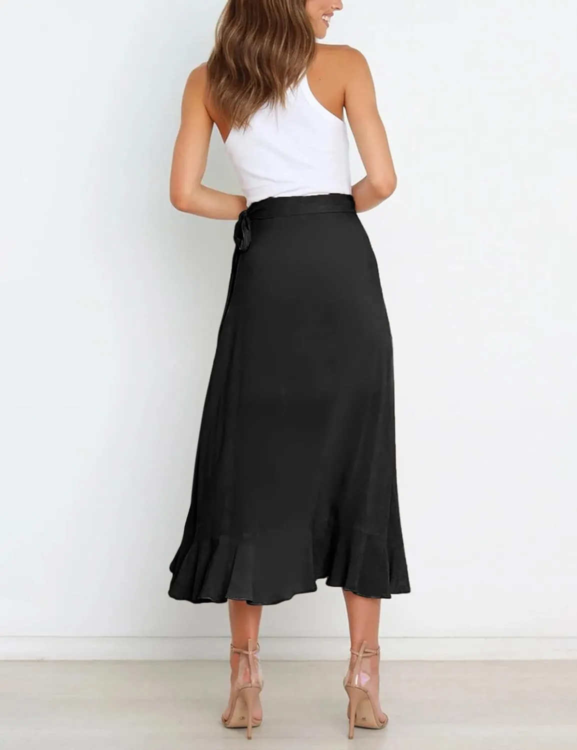 Women Summer High Waist Wrap Ruffled Side Slit Adjustable Waistband Midi Skirt