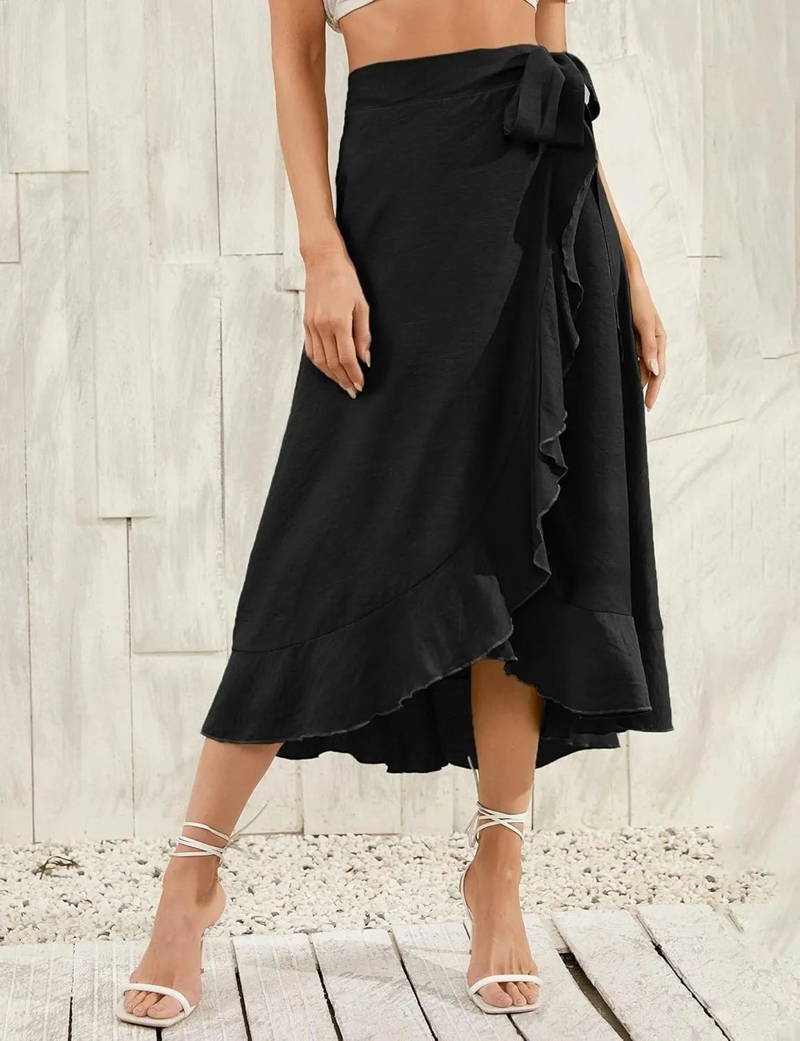 Women Summer High Waist Wrap Ruffled Side Slit Adjustable Waistband Midi Skirt