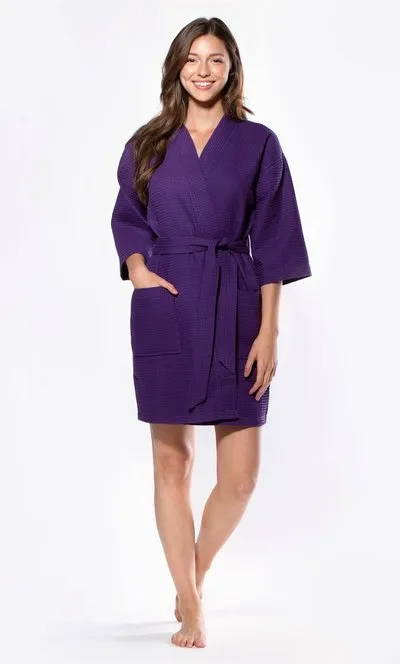 Women Waffle Cotton Robe Short V-Neck For Female Sleepwear Loungewear