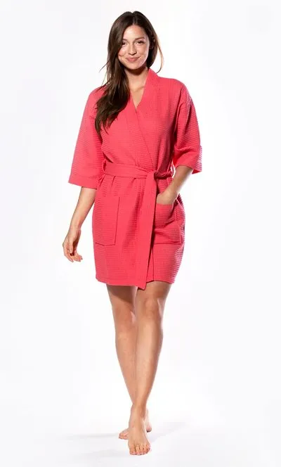Women Waffle Cotton Robe Short V-Neck For Female Sleepwear Loungewear