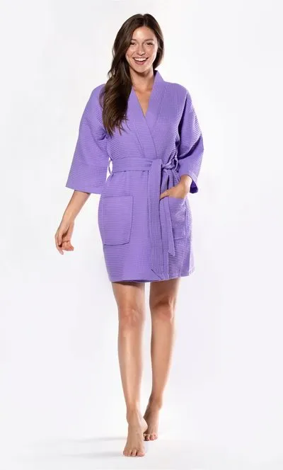Women Waffle Cotton Robe Short V-Neck For Female Sleepwear Loungewear