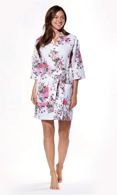 Women Waffle Cotton Robe Short V-Neck For Female Sleepwear Loungewear